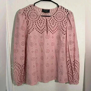WYSE London Pink Open Embroidery Long Sleeve Blouse Shirt Top Sz 2